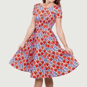 Eva Rose Strawberry Blueberry Dress Fit Flare Pockets Retro Pinup Rockabilly XL